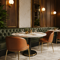 Muebles de Restaurante Estilo París, Asientos de Cuero con Botones, Sofá Banqueta, Mesas y Sillas Redondas de Mármol para Cafetería