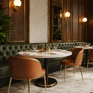 Mobilier de <span class=keywords><strong>restaurant</strong></span> parisien : Banquette capitonnée en cuir avec boutons, canapé, tables rondes en marbre et ensembles de chaises pour café - Product Image 3