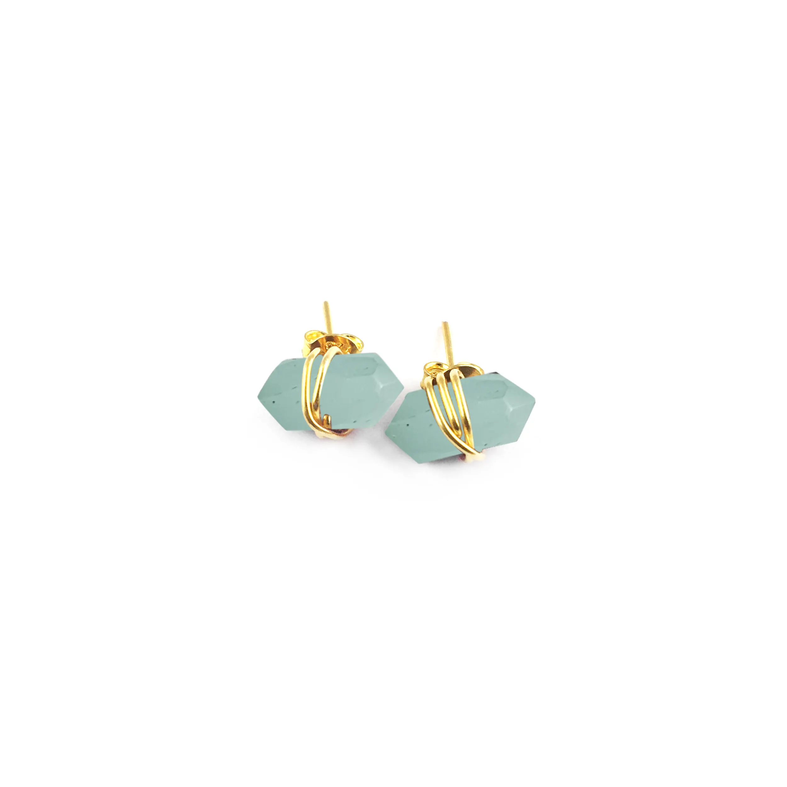 925 Sterling Silver Tiny Aqua Chalcedony Spike Gemstone Stud Two Side Point Spikes Stud Earrings Gold Vermeil Studs Jewelry