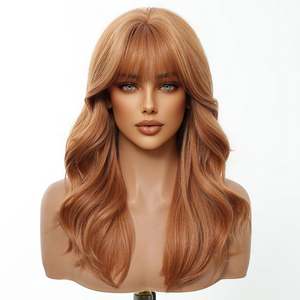 Perruque synthétique sans colle Rina-DWY de 18 pouces pour femmes, fabriquée à la machine, coiffure ondulée mi-longue, châtain foncé, frange droite, dentelle transparente - Product Image 3