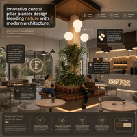 Ensemble de mobilier de café minimaliste et chaleureux avec éclairage mural circulaire en laiton, chaise en métal, et package clé en main pour la conception intérieure d'un café.
