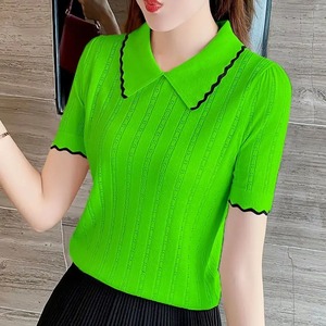 2024 nueva moda de verano transpirable de secado rápido con cuello en V contraste pequeña fragancia de punto corto versátil Camiseta deportiva - Product Image 6