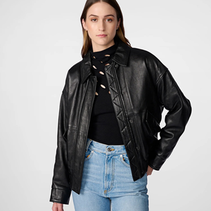 Veste en cuir pour femmes, vêtement d'extérieur surdimensionné, cuir véritable de qualité supérieure, élégante, fermeture éclair, décontractée, OEM ODM - Product Image 2
