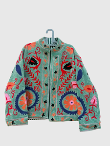 Blouson Bomber en Velours Brodé à la Main à Motifs Floraux, Manches Longues, Col Montant, Fermeture Éclair, Grande Taille, Vêtement de Printemps pour Adulte - Product Image 3
