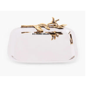 Plateau admirable en marbre blanc avec design en forme de branche de fleur plaqué or pour la maison, l'affichage des aliments et des collations. - Product Image 5