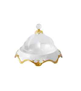 Elegante plato de porcelana de hueso blanco con tapa de cristal de cúpula transparente y base dorada de alta calidad duradero para fiestas - Product Image 1