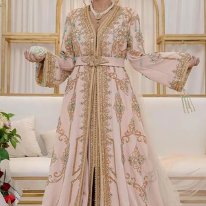NUEVO-HERMOSO CUENTAS DE CRISTAL PERLAS, PIEDRA, BORDADO DABKA en COLOR MELOCOTÓN CAFTÁN Y VELO CON VESTIDO DE Sendero para Boda = 2025 - Product Image 1