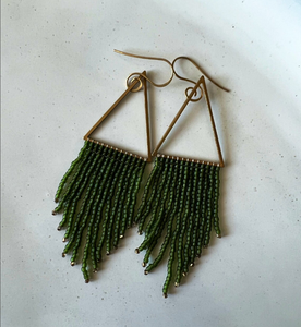 Green and <b>Gold</b> <b>Dangle</b> Fringe <b>Earrings</b> Fringe Tassel <b>Earrings</b> - <b>Gold</b> - Long - Product Image 1