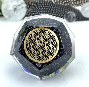 Wholesale Orgonite Black Tourmaline Octagon Sphere With Tree Grid Powerful Energy Of Orgone crystal Sphere Resin Ball