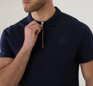 Prix de gros personnalisé votre propre logo manches courtes col rabattu avec fermeture éclair couleur bleu foncé coupe ajustée vêtements d'été respirant - Product Image 3