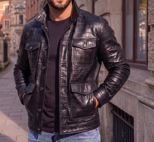 Veste moto en cuir véritable pour homme, motif crocodile embossé, col rabattu, fermeture éclair, coupe ajustée, style automne - Product Image 1