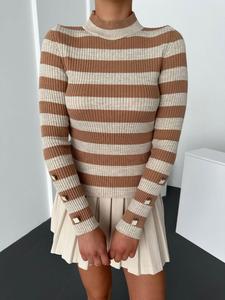 Pull à col roulé rose décontracté pour femmes automne hiver pull à col roulé à rayures épaisses avec manches longues pull bouton haut tricoté - Product Image 2