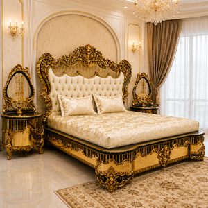 Deluxe Hand-Carved Ornate Wooden Furniture for Bedroom Wholesale Luxury Solid Wood King <b>Size</b> <b>Bed</b> Classic Golden Villa Furniture - Product Image 2