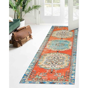 Tapis turc floral : Décoration vintage orange et bleue, tapis en chenille - Product Image 5