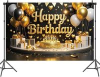 Bannière en polyester noir et or Joyeux Anniversaire, toile de fond pour ballons dorés et gâteaux, idéale pour les décorations de fête d'adultes