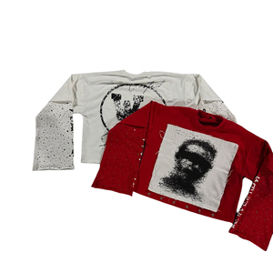 T-shirt à manches longues en strass pour homme, style streetwear personnalisé, vintage, ourlet brut, effet superposé, en coton épais 100% - Product Image 5