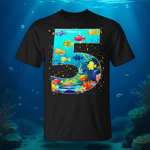 T-shirt promotionnel pour garçon de 5 ans sur le thème de l'aquarium de poissons marins pour fête d'anniversaire - Product Image 3