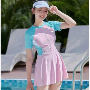 Haute qualité femmes 2 pièces solide Spandex/Nylon tissé maillot de bain cou Anti-UV imperméable à séchage rapide 4 voies Stretch Micro soutien-gorge jupe - Product Image 1