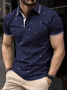 100% algodón lienzo antiarrugas verano de los hombres para Polo manga corta ancla estampado Casual/Commuter camiseta - Product Image 5