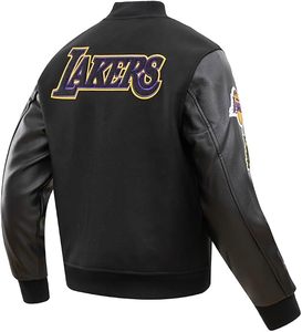 Chaqueta Bomber Bordada de los Lakers de Los Ángeles, con Mangas de Cuero Negro y Ribete en Contraste, Chaqueta Deportiva Clásica para Adultos - Product Image 4