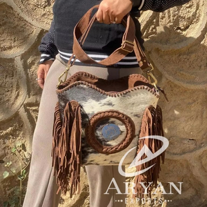 New Western Style Hair on Hide Fur Suede Leather Fringe Bag High Quality <b>Boho</b> Women Fur Leather Unique Middle Concho Fringe Bags - Product Image 1