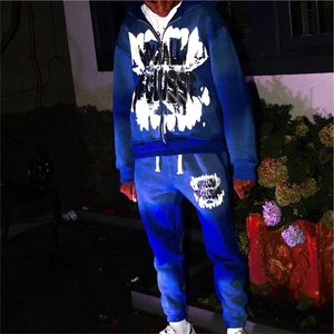 Ensemble de survêtements évasés pour hommes, avec logo personnalisé, brodés à l'acide, pantalons de survêtement à capuche zippés, design d'hiver imprimé - Product Image 5