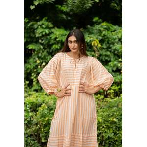 Pure Cotton Midi <b>Dress</b> Stripe Hand Block Print Boho Summer Sundress <b>Pockets</b> Artisan Style Beach Vacation Wear Bridesmaid <b>Dress</b> - Product Image 2