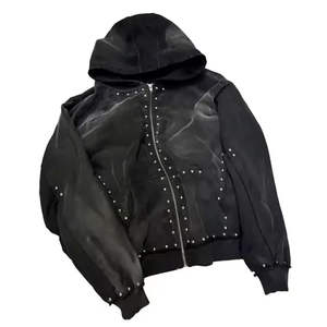 Nouveau Style à la mode soleil délavé fermeture éclair français éponge rue porter acide lavage 500 GSM sweats à capuche fermeture éclair poids lourd strass à capuche hommes - Product Image 5