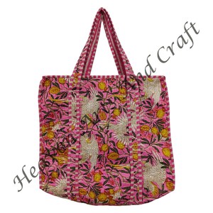 Sac fourre-tout en coton rose imprimé à la main, doublé de coton matelassé, avec motif brodé, sac à main pour femme - Product Image 4