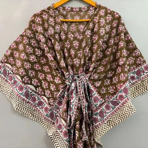Jaipuri-Robe caftan en coton imprimé fait à la main, longueur au sol, vêtements de nuit de plage, robes décontractées, imprimé de blocs de fleurs naturelles - Product Image 1