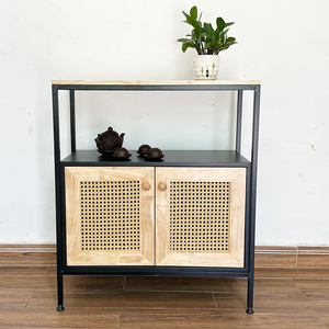 Meuble de rangement décoratif industriel moderne KTB68121 avec porte en rotin et structure en fer pour salon, salle à manger, entrée - Product Image 4