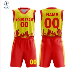 ชุดเสื้อและกางเกงบาสเก็ตบอลแบบซับลิเมชั่นสั่งทำพิเศษ INDEX APPAREL สีเหลืองแดงลายเปลวไฟ คอวี แขนกุด ระบายเหงื่อได้ดี สำหรับผู้ใหญ่ 男女兼用 - Product Image 1