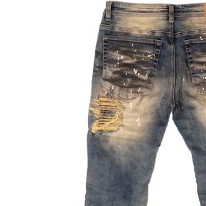 Haute Qualité Enduit Vintage Durable Denim Tissu Mi Taille Slim Fit Semi Flare Empilé Peinture Éclaboussures Jeans pour Hommes - Product Image 5