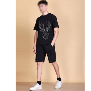 <b>Men's</b> Comfortable Breathable Cotton T-Shirt <b>Shorts</b> Set OEM Service with Own Logo Hot Selling One Solid Black Color for Summer - Product Image 3