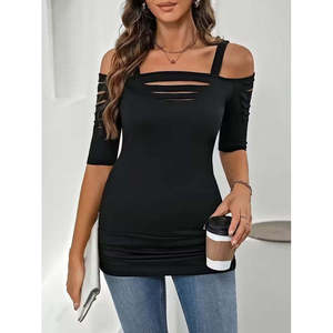 Blusa de viscosa con tirantes y hombros descubiertos para mujer, con detalle de corte láser, 37831 - Negro - Product Image 2
