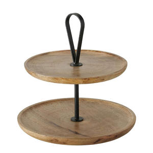 Plateau rond en bois écologique à 2 niveaux Support décoratif pour gâteau Décoration de luxe Plateau de table en bois de manguier naturel avec poignée en métal - Product Image 2