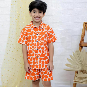 ชุดสองชิ้นเสื้อยืดแขนสั้นสำหรับเด็กผู้ชายผ้าคอตตอนผ้าลินินพิมพ์ลายสีส้มสำหรับฤดูร้อน - Product Image 1