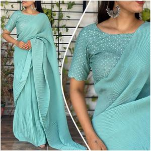 Hermosa étnica satén seda Sari mujeres último indio Chinnon plisado secuencia trabajo fiestas bodas señoras moda mayorista - Product Image 5