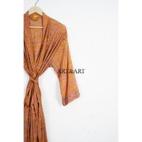 Kimono Japonés Vintage Amarillo Hecho a Mano 100% Seda para Mujer, Estilo Bohemio, Largo, Elegante, Suave, Transpirable y de Secado Rápido