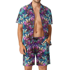 Fabricant de vêtements d'été Chemises en coton 2 pièces pour hommes Ensemble de shorts de plage décontractés Cardigan pour hommes deux pièces Ensemble de chemises de plage - Product Image 2