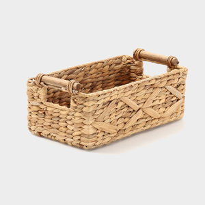 Handwoven Water Hyacinth Rectangular <b>Basket</b> with <b>Wooden</b> Handles and Natural Texture - Product Image 1