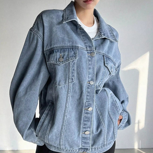 แจ็กเก็ตยีนส์สีน้ำเงินของผู้หญิงแจ็กเก็ตแฟชั่นลำลองทรงหลวมสำหรับหญิงสาวออกแบบได้ตามต้องการ - Product Image 5