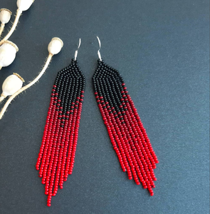 Black <b>Red</b> Chandelier Gradient Fringe <b>Earrings</b> Ombre Dangle Beadwork <b>Earrings</b> - Product Image 2
