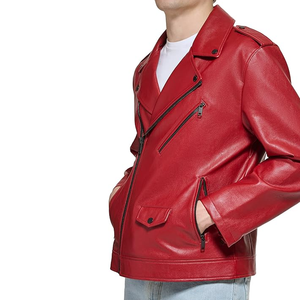 Veste moto en cuir PU rouge pour homme, col rabattu, fermeture éclair, coupe classique, couleur unie, style automne - Product Image 6