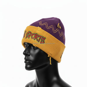 Gorro de gorro para hombre de alta calidad, Material acrílico grueso, doble Color, púrpura, amarillo, logotipo personalizado, diseño bordado, gorro jacquard - Product Image 5