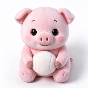 Peluche único de cerdito rosa, adorable y tierno, en pose sentada, con grandes ojos negros redondos, mejillas rosadas, sosteniendo una suave pelota de peluche blanca. - Product Image 1