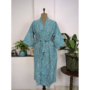 Pure Cotton Boho House Robe Indian Handprinted Summer Dress Blue White <b>Beach</b> Coverup Maternity Mom Bridal <b>Kimono</b> Style <b>Kimono</b> - Product Image 1