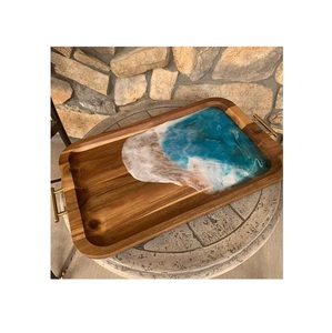 Bandeja de servicio de Río de resina de madera epoxi de último diseño con 4 piezas de posavasos bandeja de Arte de resina aguamarina - Product Image 1