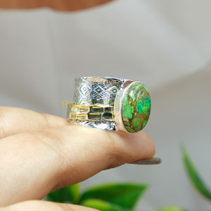 Green Copper Turquoise Spinner <b>Ring</b> Anxiety Thumb <b>Ring</b> Meditation 925 Sterling <b>Silver</b> Hammered Brass & <b>Silver</b> <b>Statement</b> <b>Ring</b> - Product Image 2