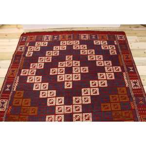 Alfombra vintage grande de 5.2x7.9 pies, alfombra turca, alfombra de lana con motivos de plantas y árboles en rojo y azul - Product Image 3